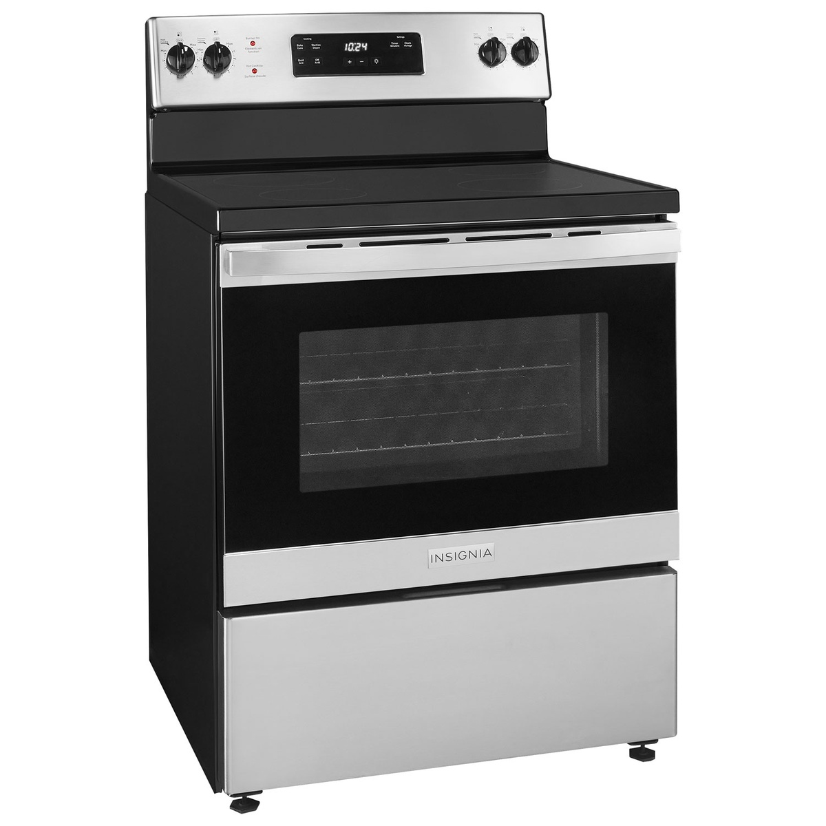 Three-quarter view of Insignia 30-inch stainless steel electric range showing smooth cooktop and control panel