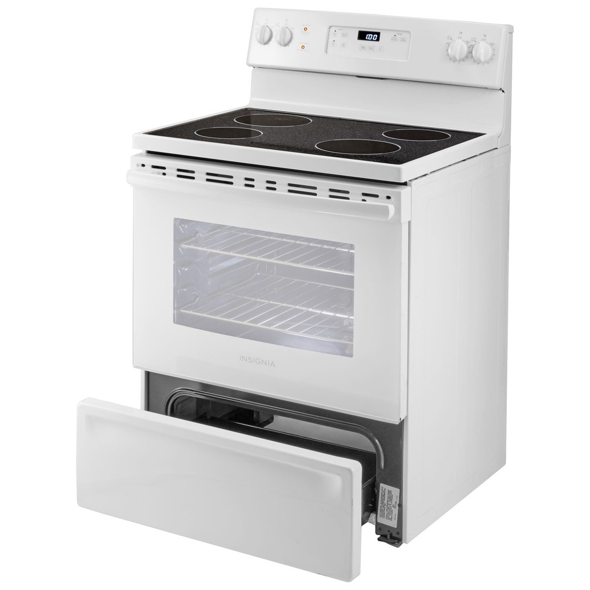 Range with storage drawer pulled out under the oven.