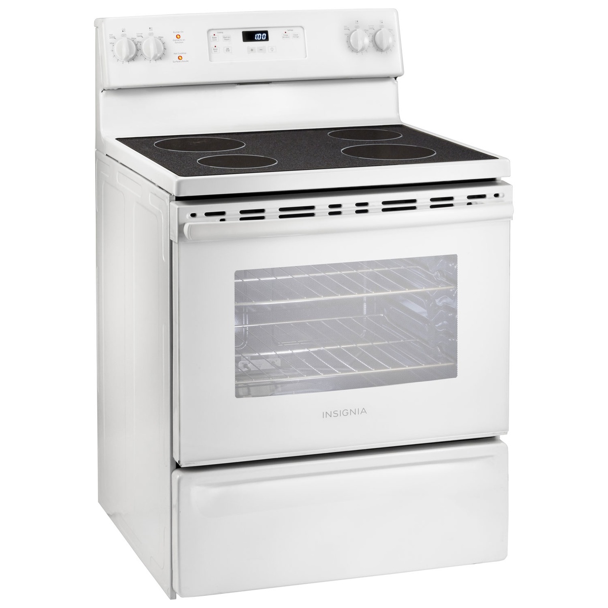 Angled view of the Insignia 30-inch electric range showing smooth-top with four radiant elements.
