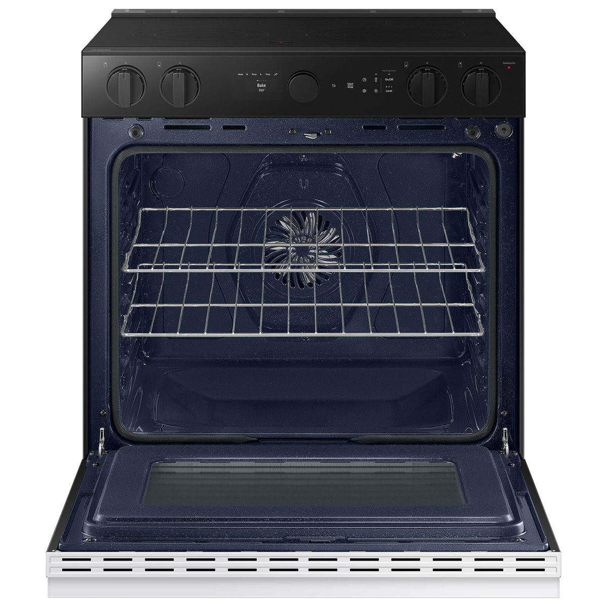 Open oven cavity with two racks and rear convection fan visible inside a blue ceramic enamel interior.