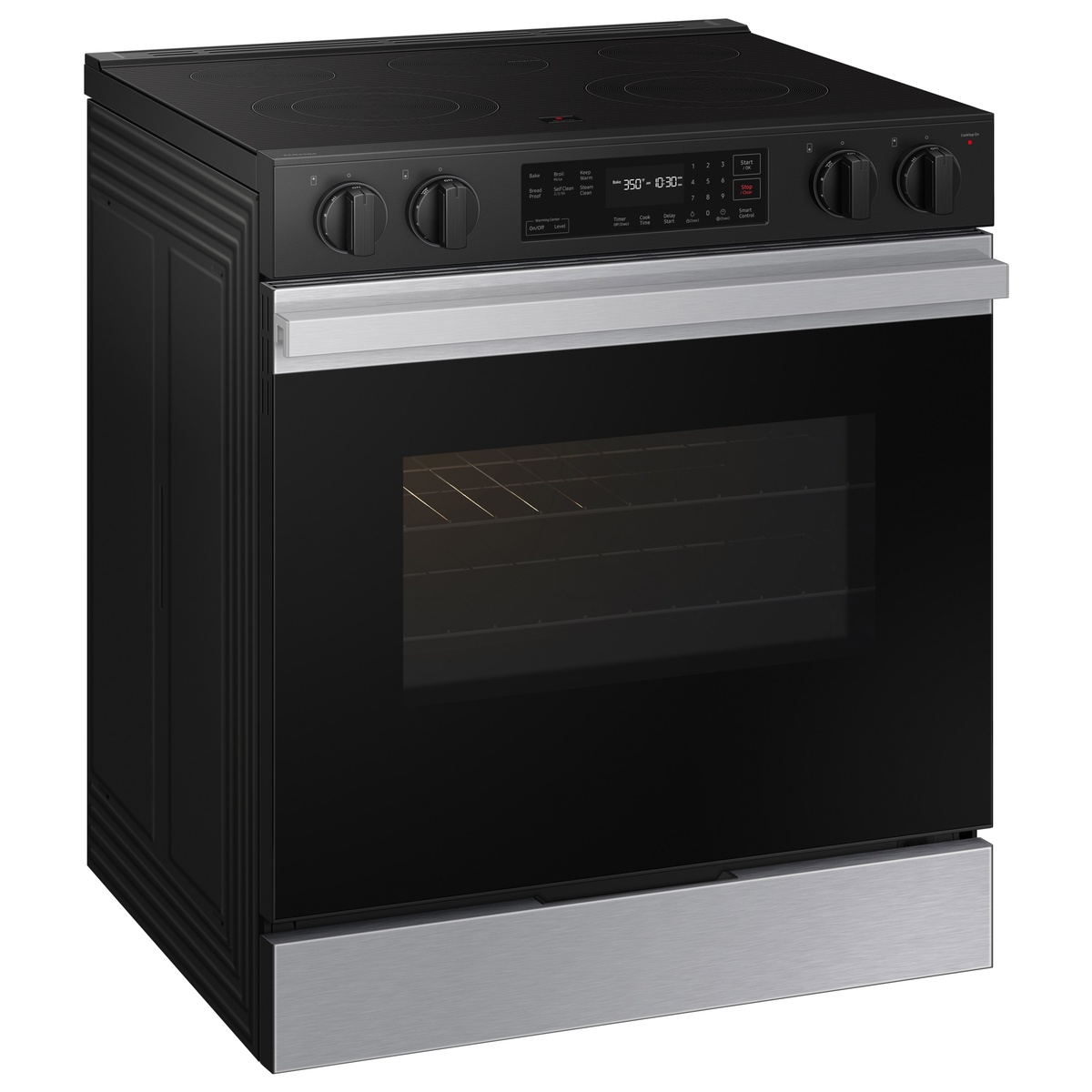Samsung slide-in electric range angled view showing glass touch panel and precision knobs