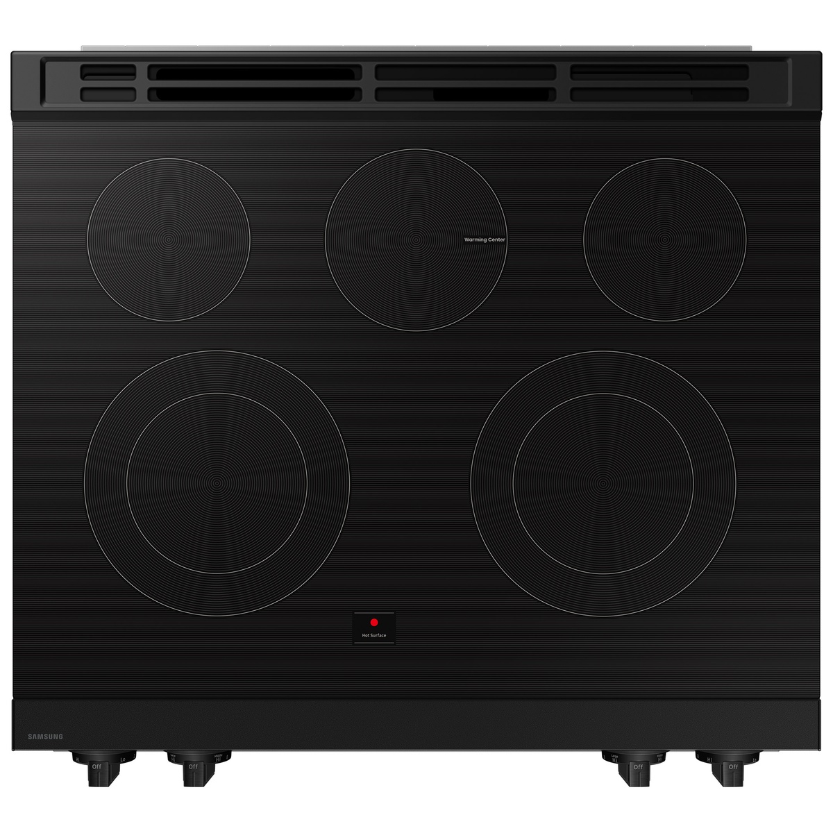 Five-element smooth cooktop with dual rings and warming center