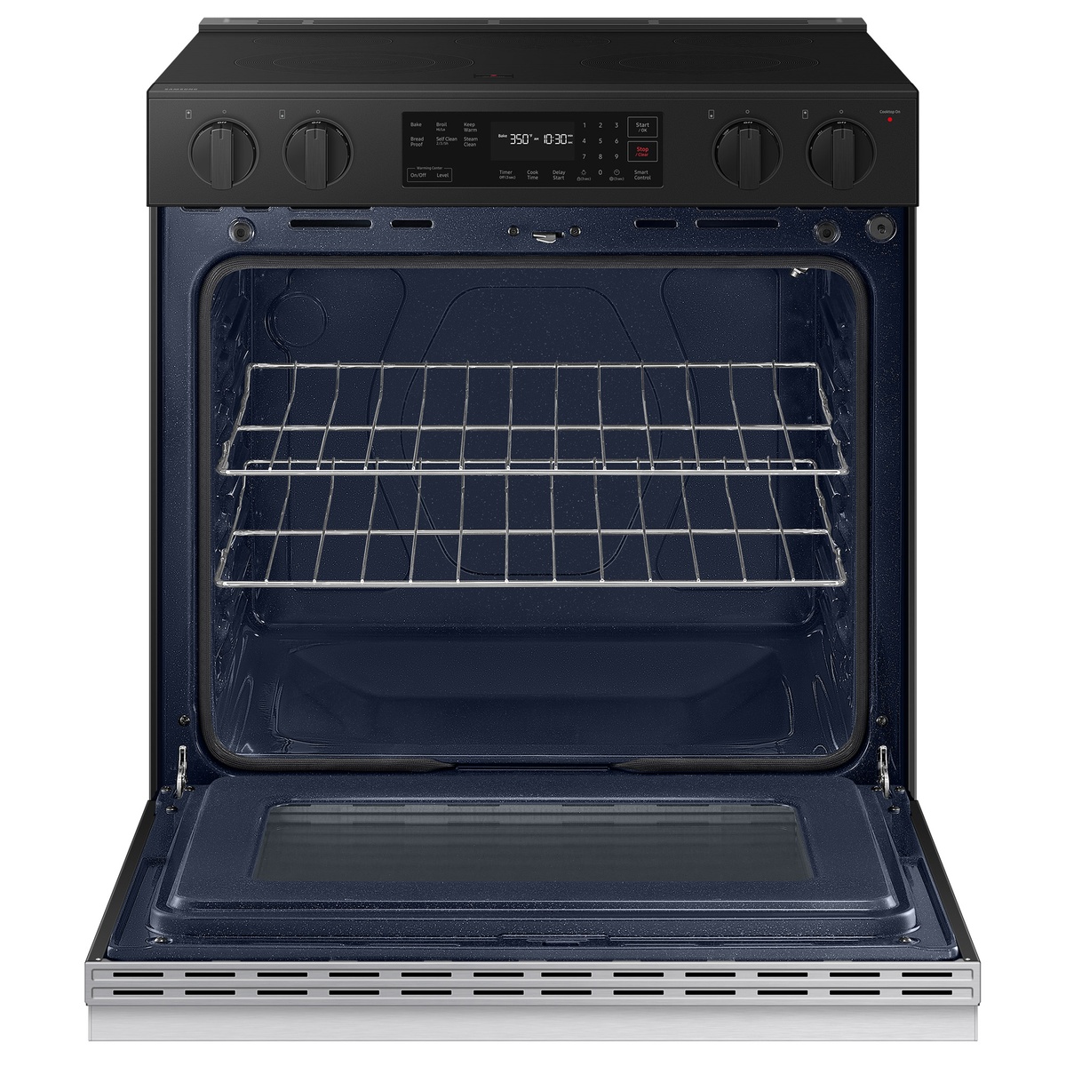 Open oven showing spacious 6.3 cu. ft. blue ceramic enamel interior with two racks