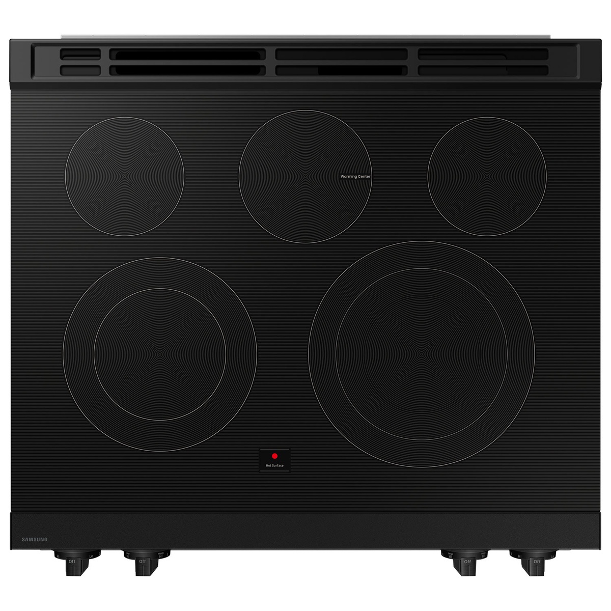 Samsung slide-in range smooth cooktop with five elements and warming zone