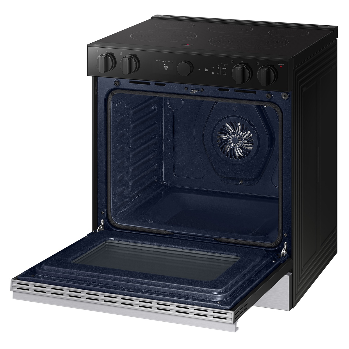 Open oven showing blue ceramic enamel cavity and convection fan