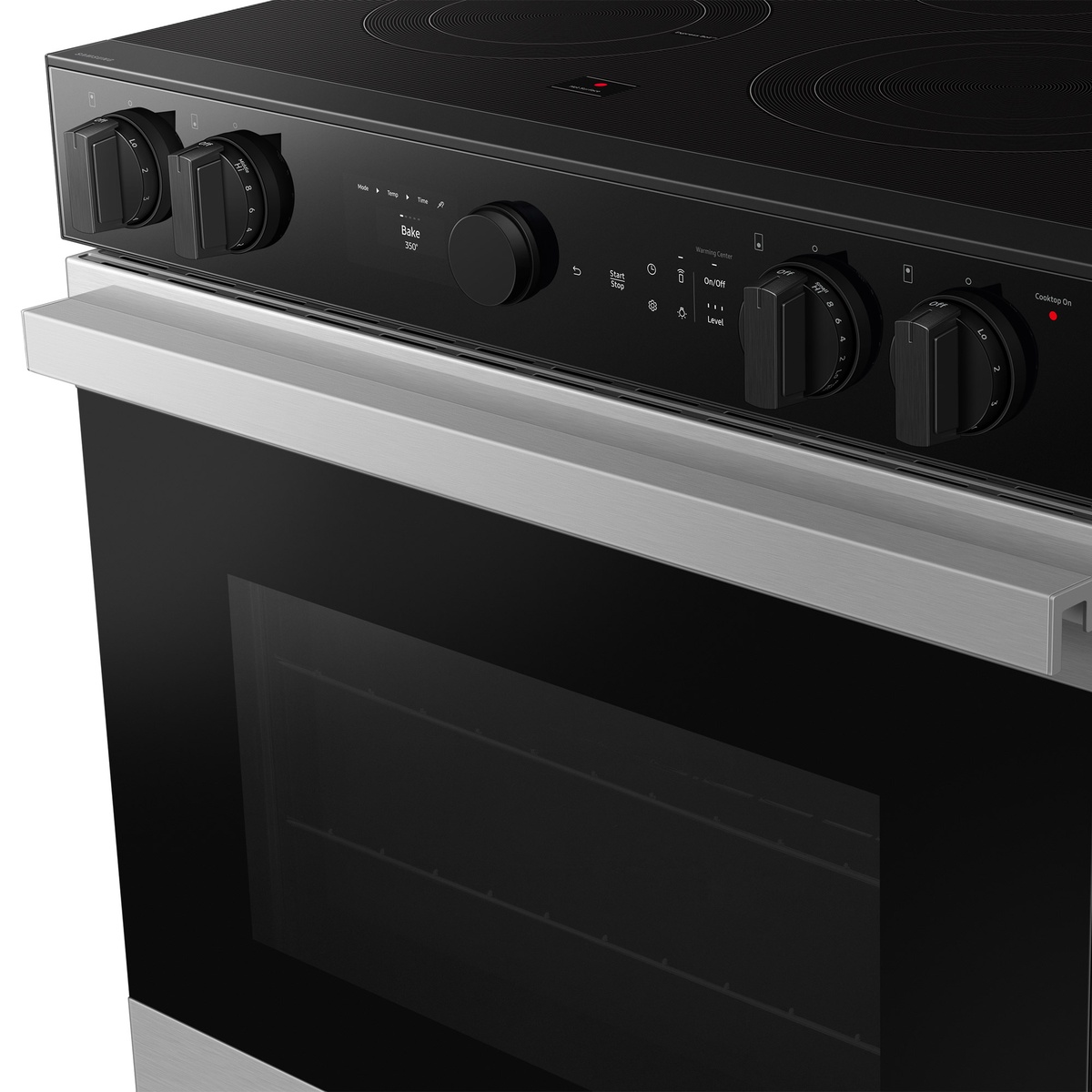 Front control panel with knobs and LCD display on Samsung slide-in range