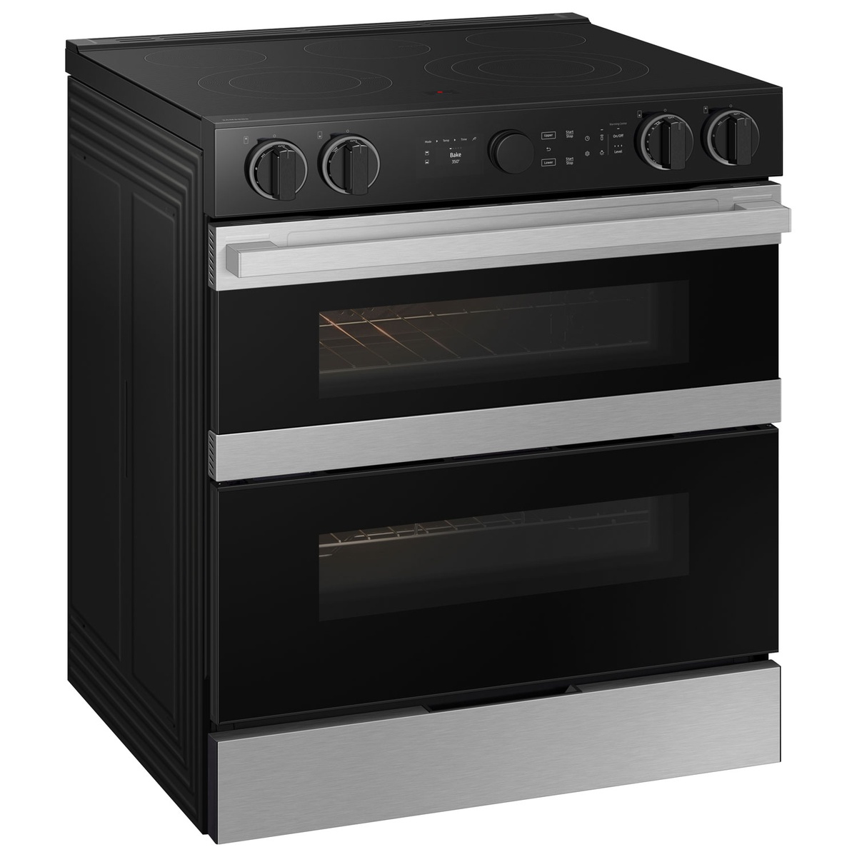 Angled view of Samsung slide-in range showing dual ovens and front controls