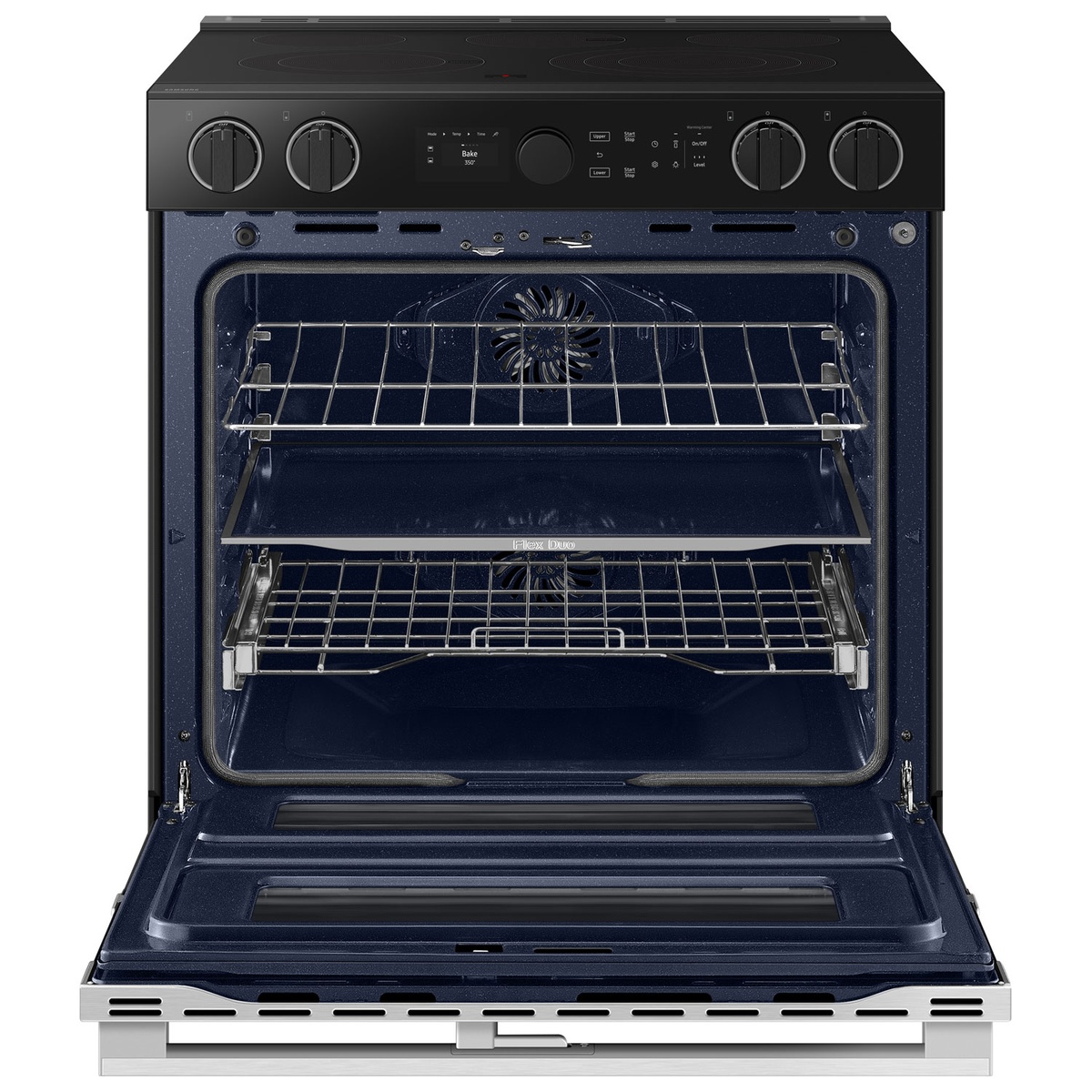 Open oven interior with racks and convection fan