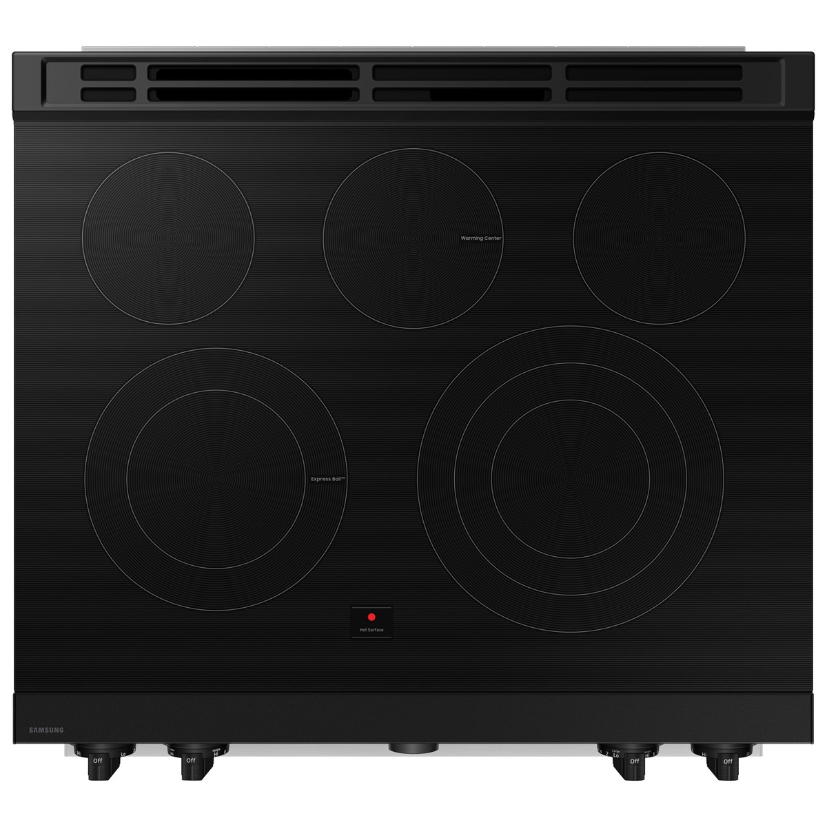 Five-element smooth cooktop with Express Boil and warming center zones
