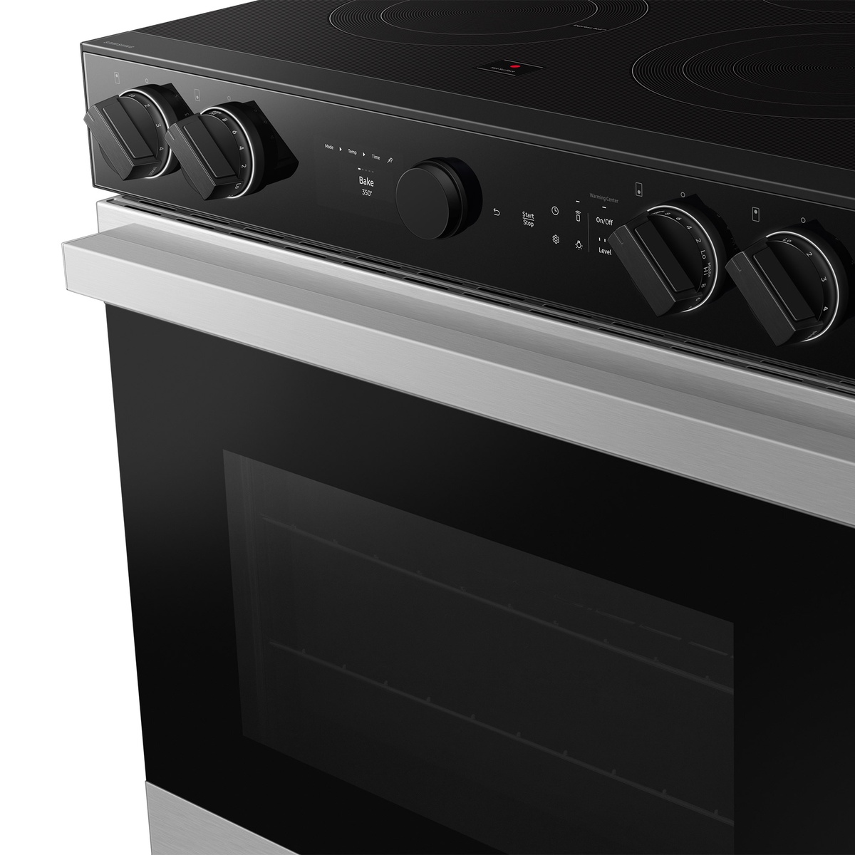 Close view of Samsung range control panel with smart dial and glass touch