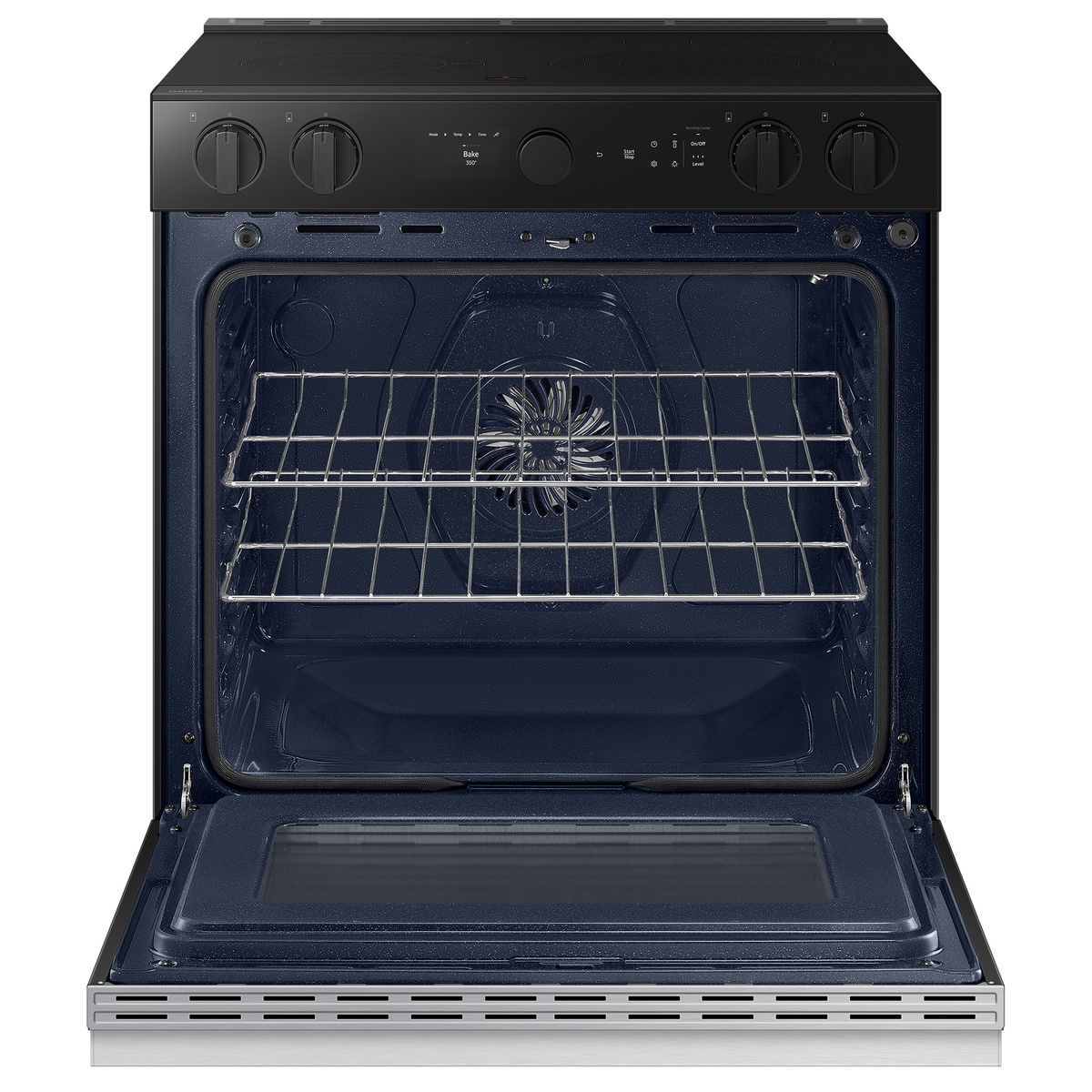 Open oven showing spacious enamel cavity and convection fan
