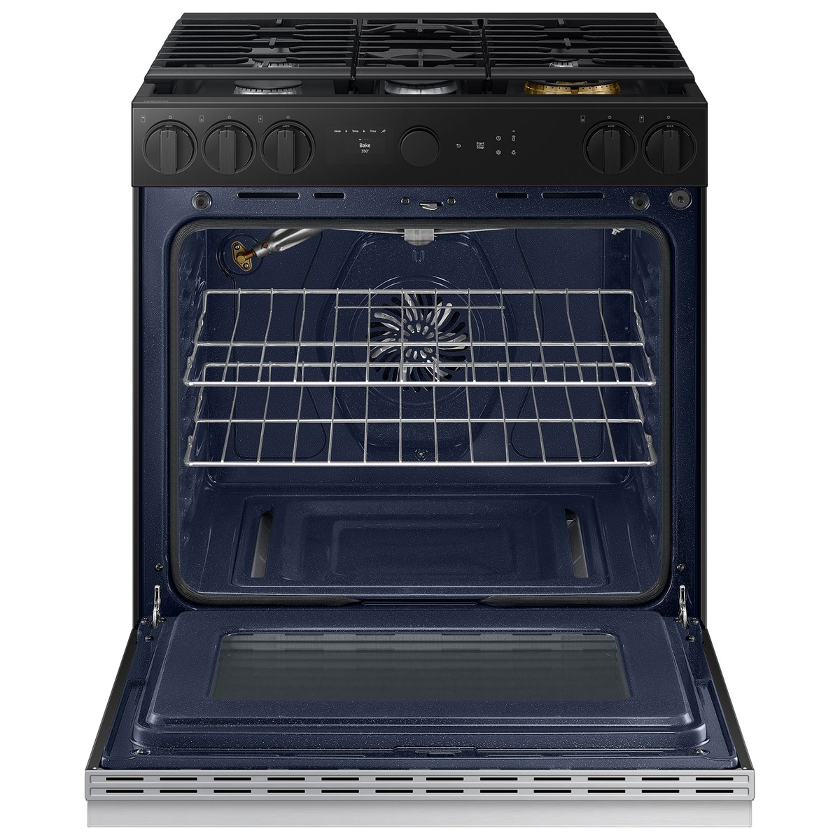 Open oven cavity with blue ceramic enamel and convection fan at the back.