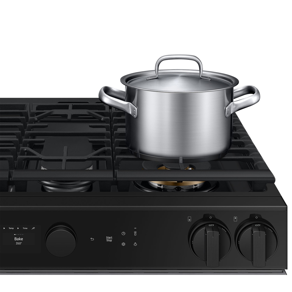 Front control panel with knobs and pot on burner, illustrating easy operation.