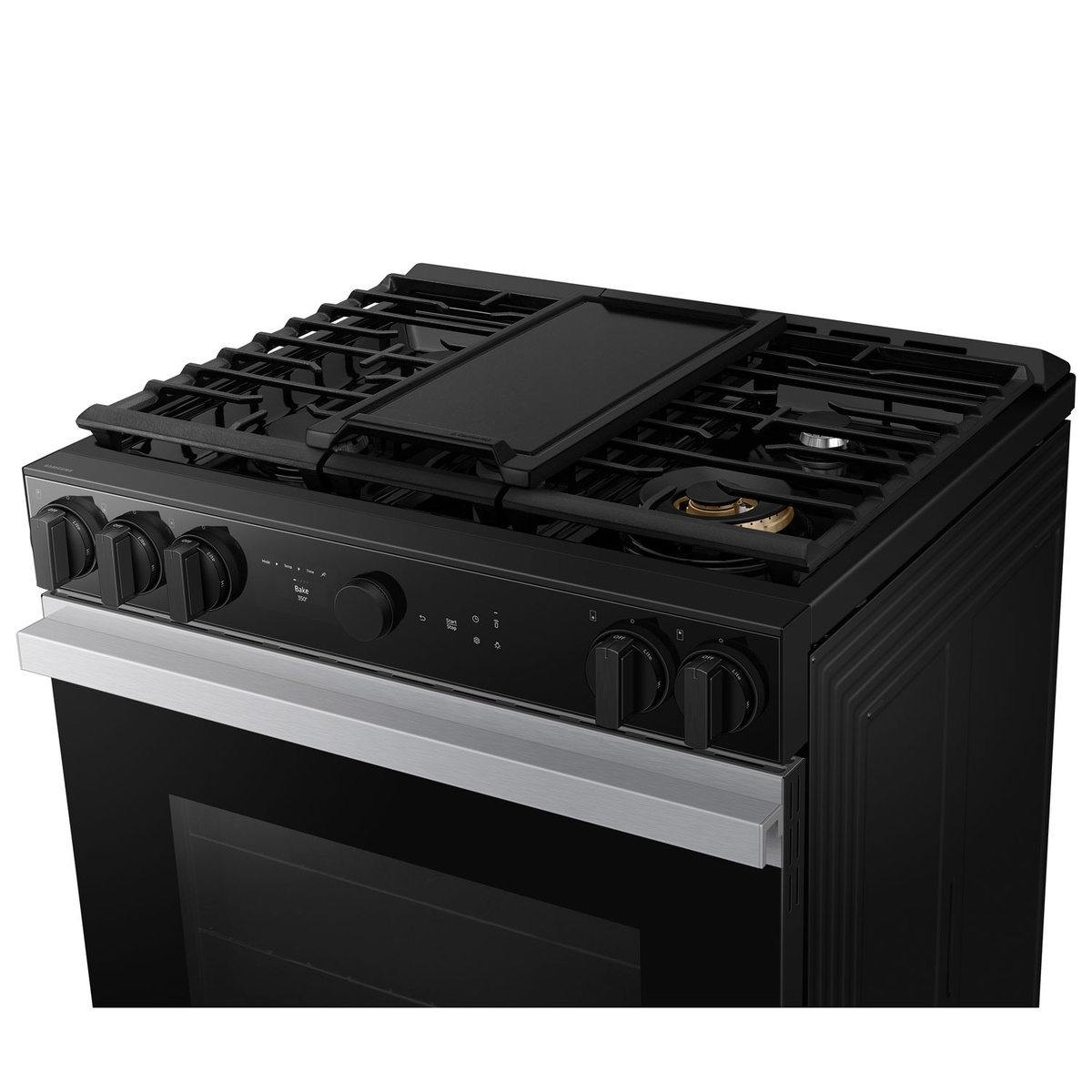 Top view of Samsung slide-in gas range showing center griddle and brass power burner.