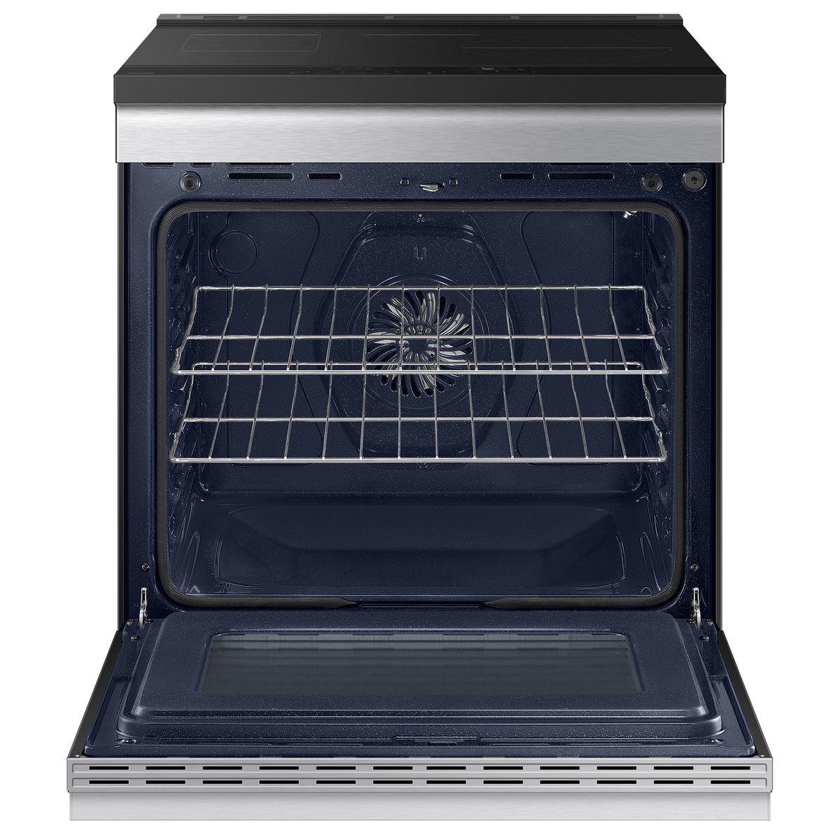 Open oven with two racks and rear convection fan