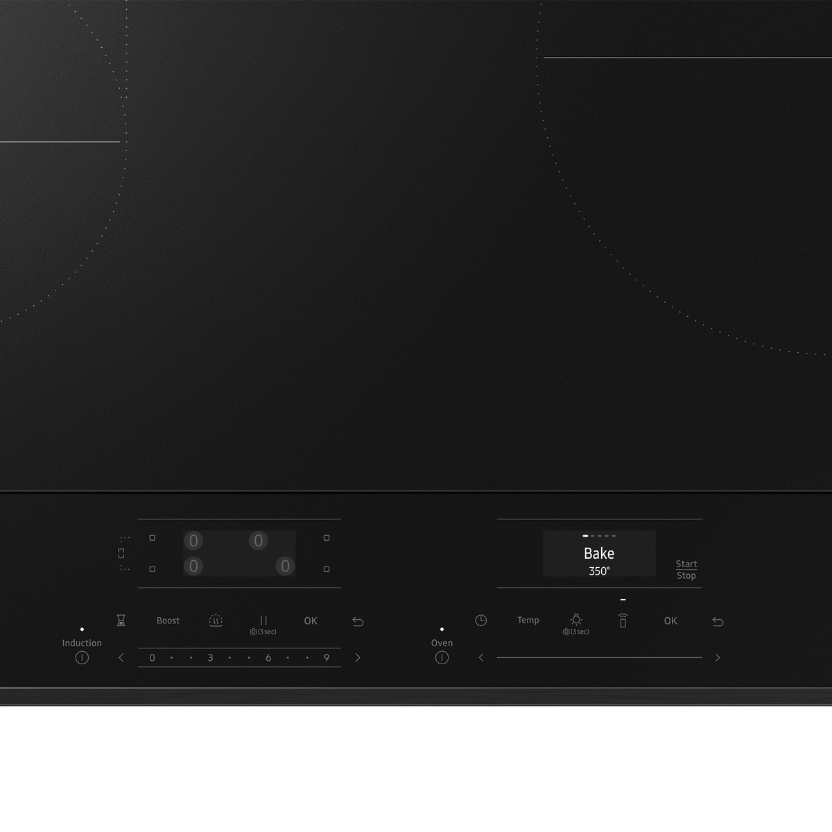 Close-up of touch display reading Bake 350 degrees and control icons