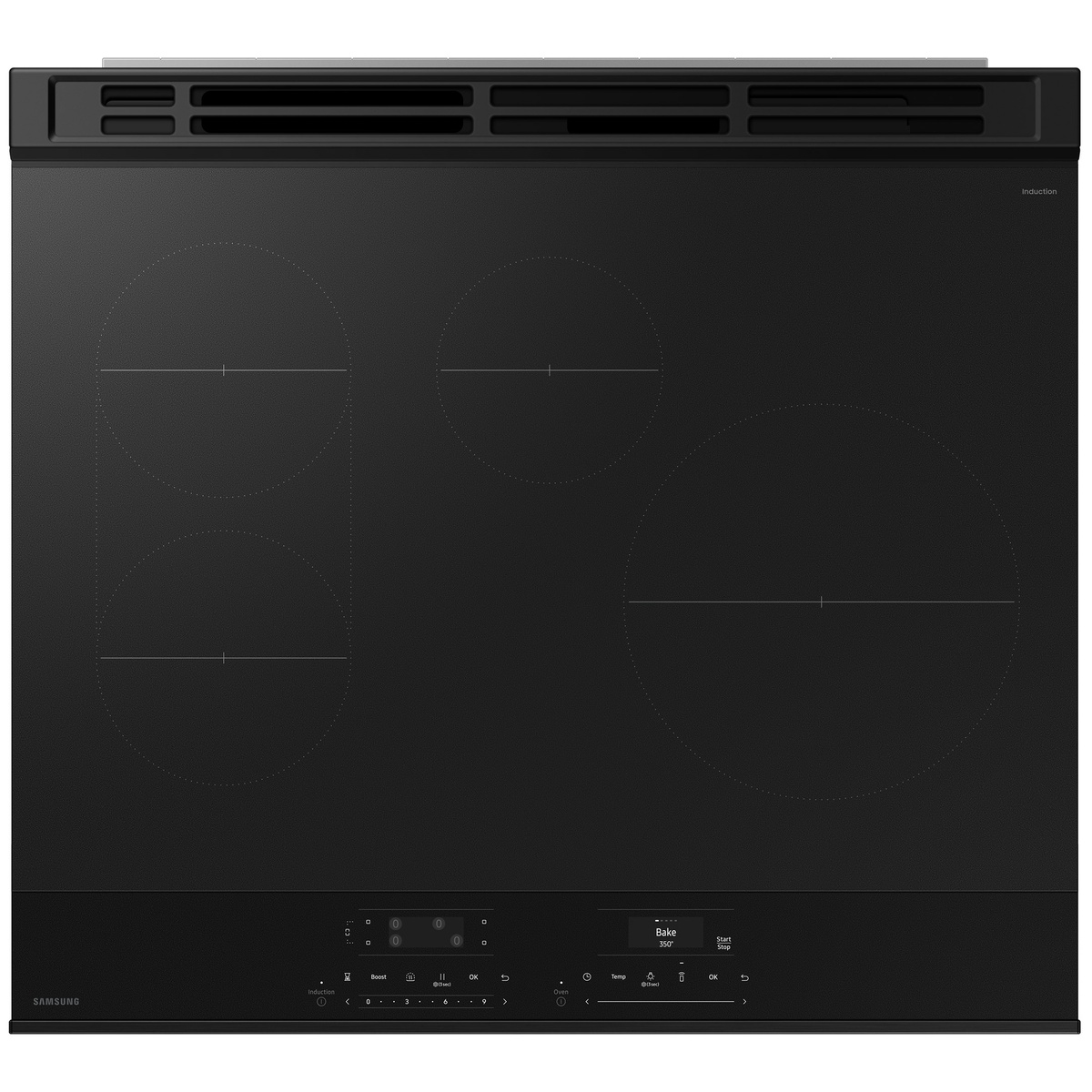 Top-down view showing four induction zones and touch controls on the Samsung slide-in range.