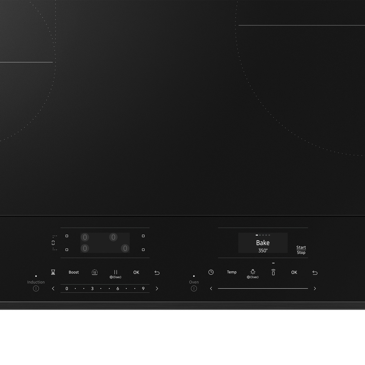 Close-up of digital oven and cooktop touch controls indicating Bake 350 degrees and Boost options.