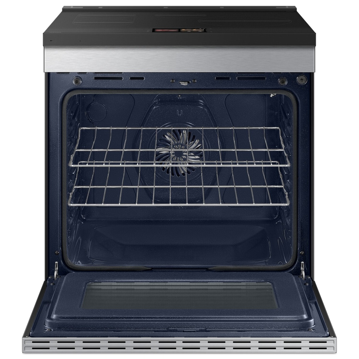 Open oven cavity with blue enamel, two racks, and a convection fan