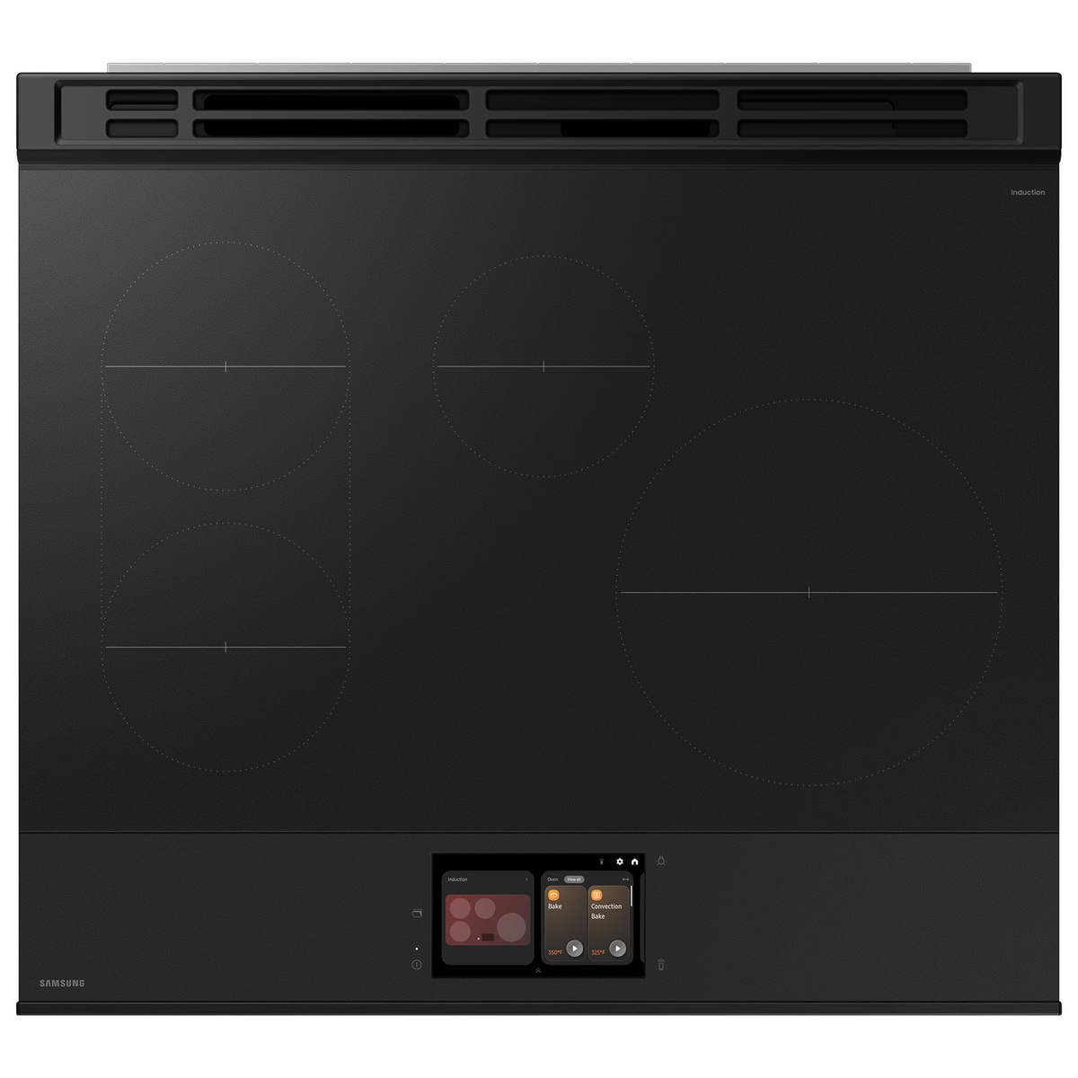Top view of the induction cooktop with four zones and center LCD control panel