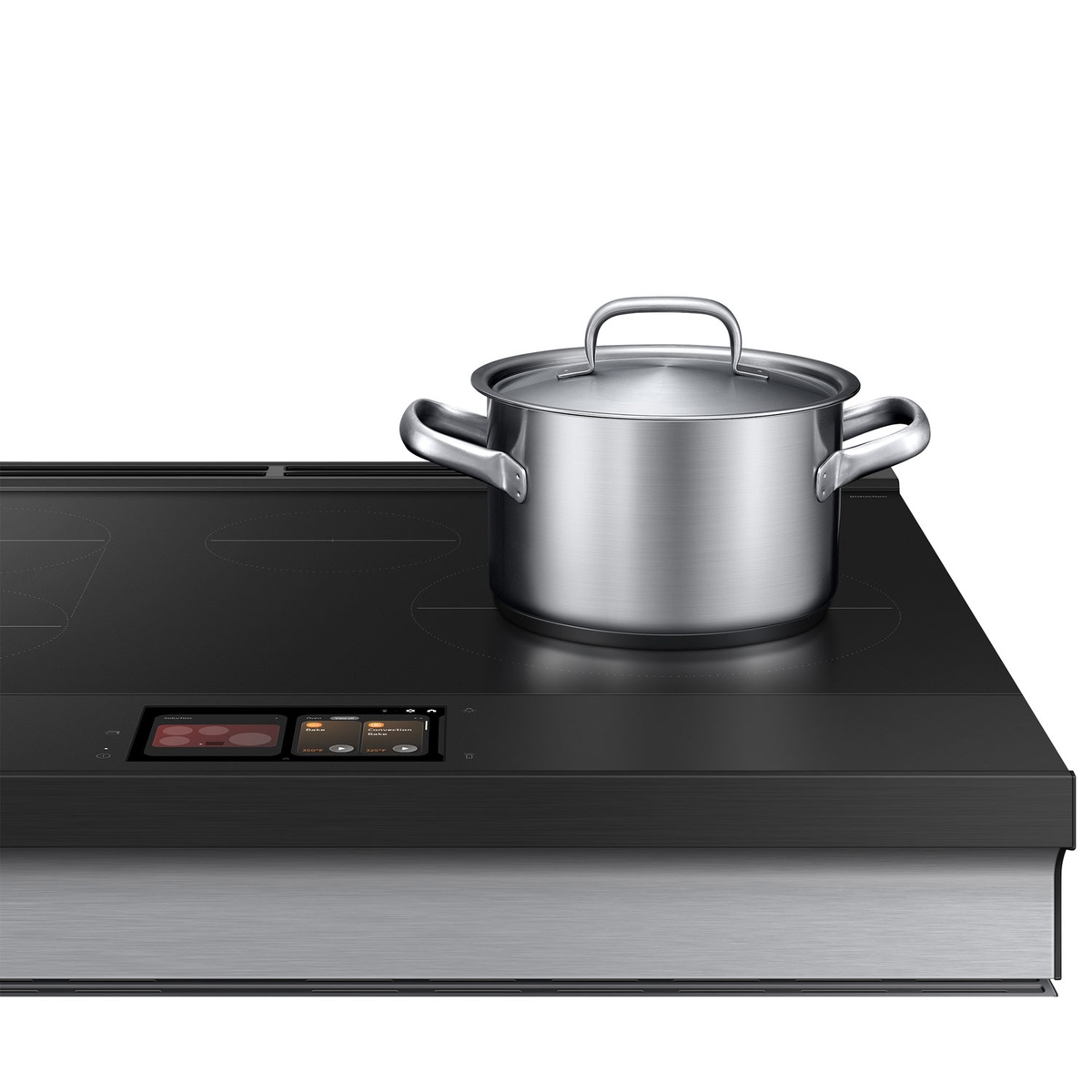 Cooktop in use with a pot on an induction zone next to the touch display