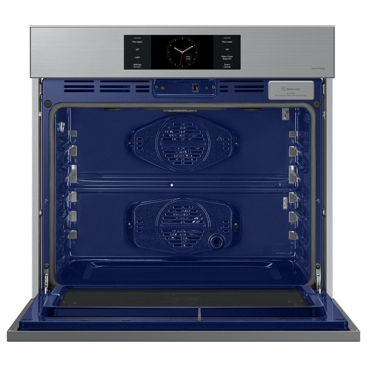 Open oven cavity showing blue enamel interior and two convection fans