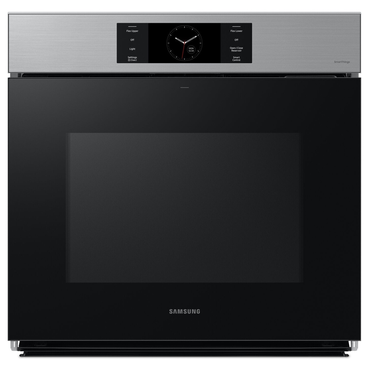 Front view of Samsung stainless wall oven with large black glass door and central LCD display