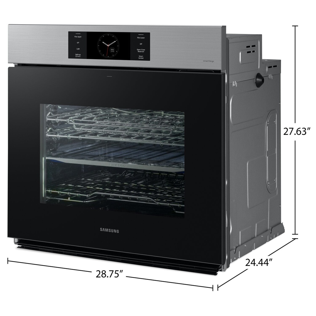 Angled view of oven with labeled dimensions: width 28.75 inches, height 27.63 inches, depth 24.44 inches
