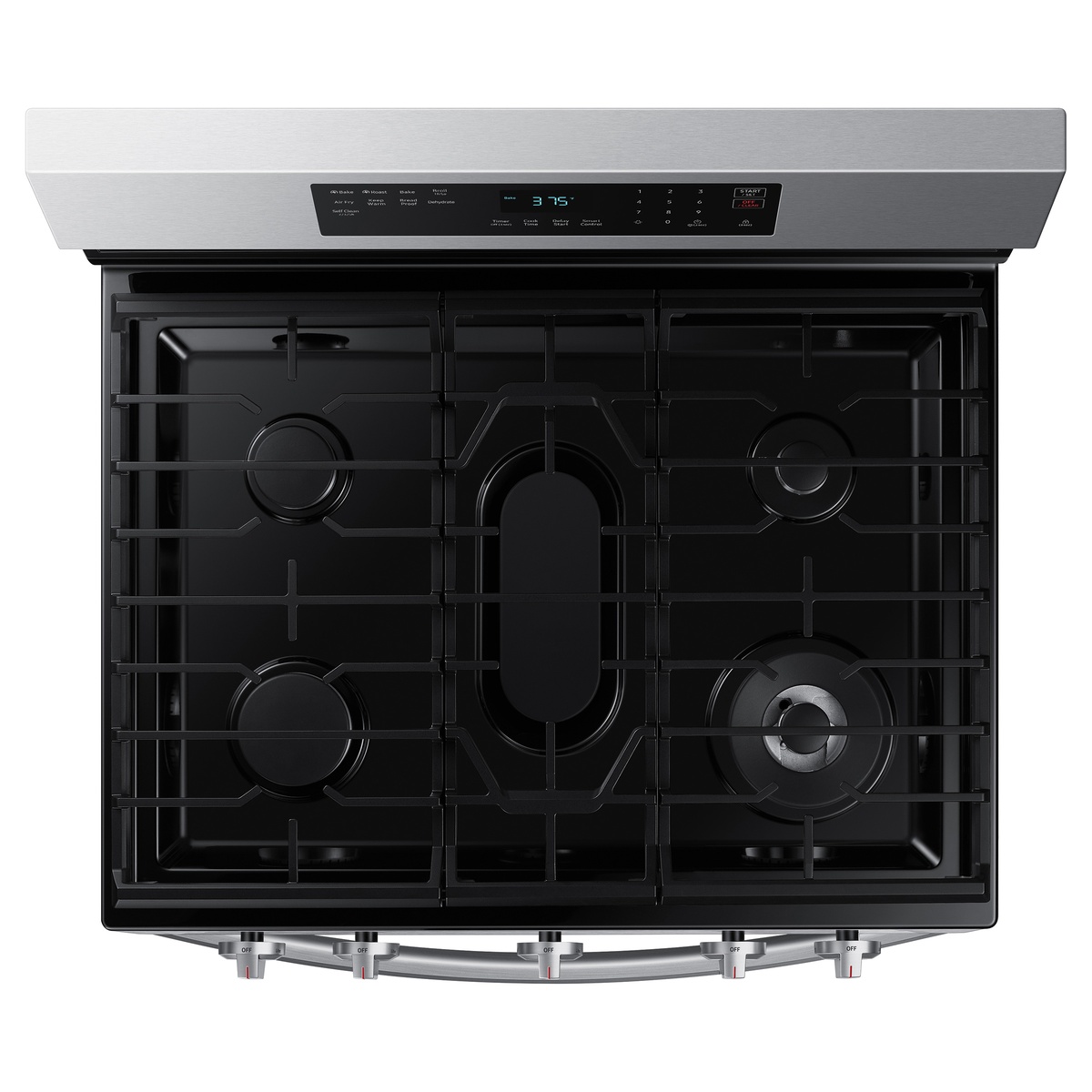 Top-down view of the cooktop layout with five sealed burners and continuous grates.