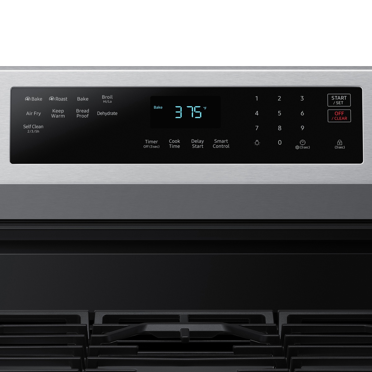 Control panel close-up showing Air Fry, Self Clean, Smart Control and cooking modes.