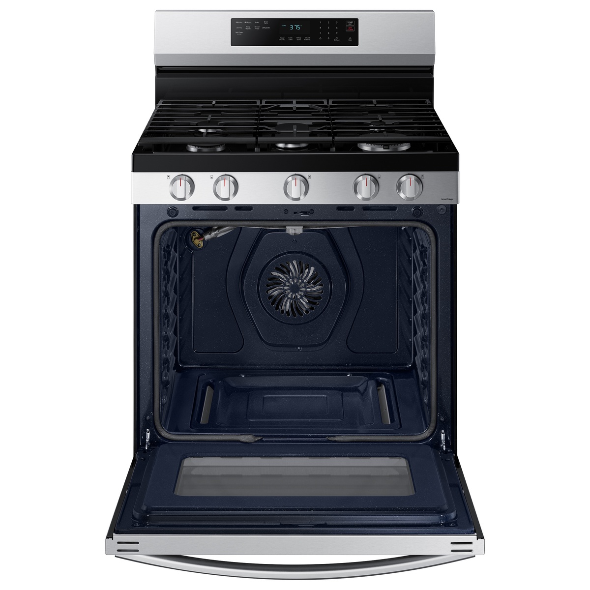 Open oven showing spacious interior with convection fan.