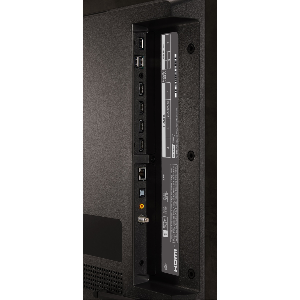 Rear I/O panel showing 4 HDMI ports, USB, LAN, optical and other connections