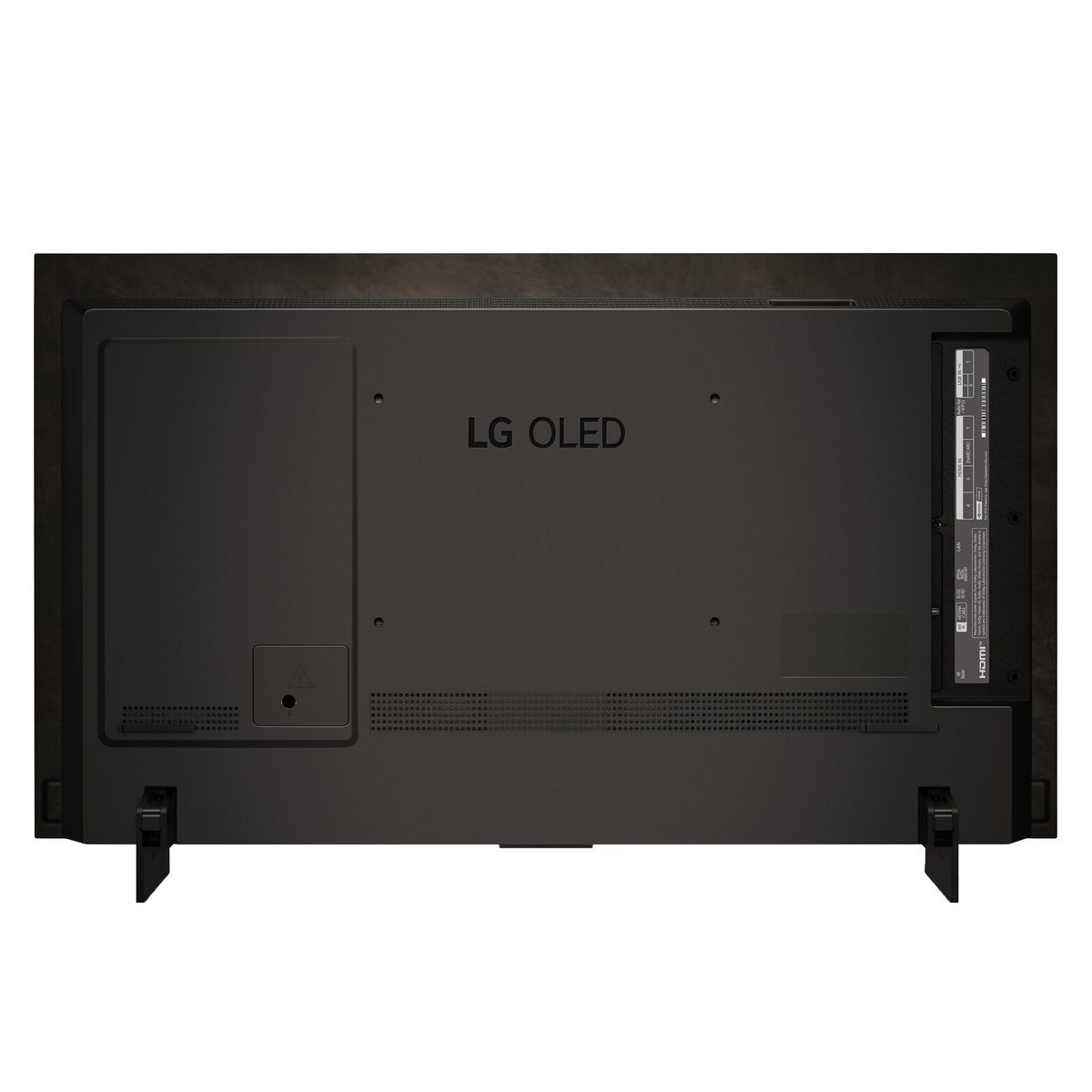 Rear view of the LG OLED TV with LG OLED logo, ventilation, and wide-set feet.