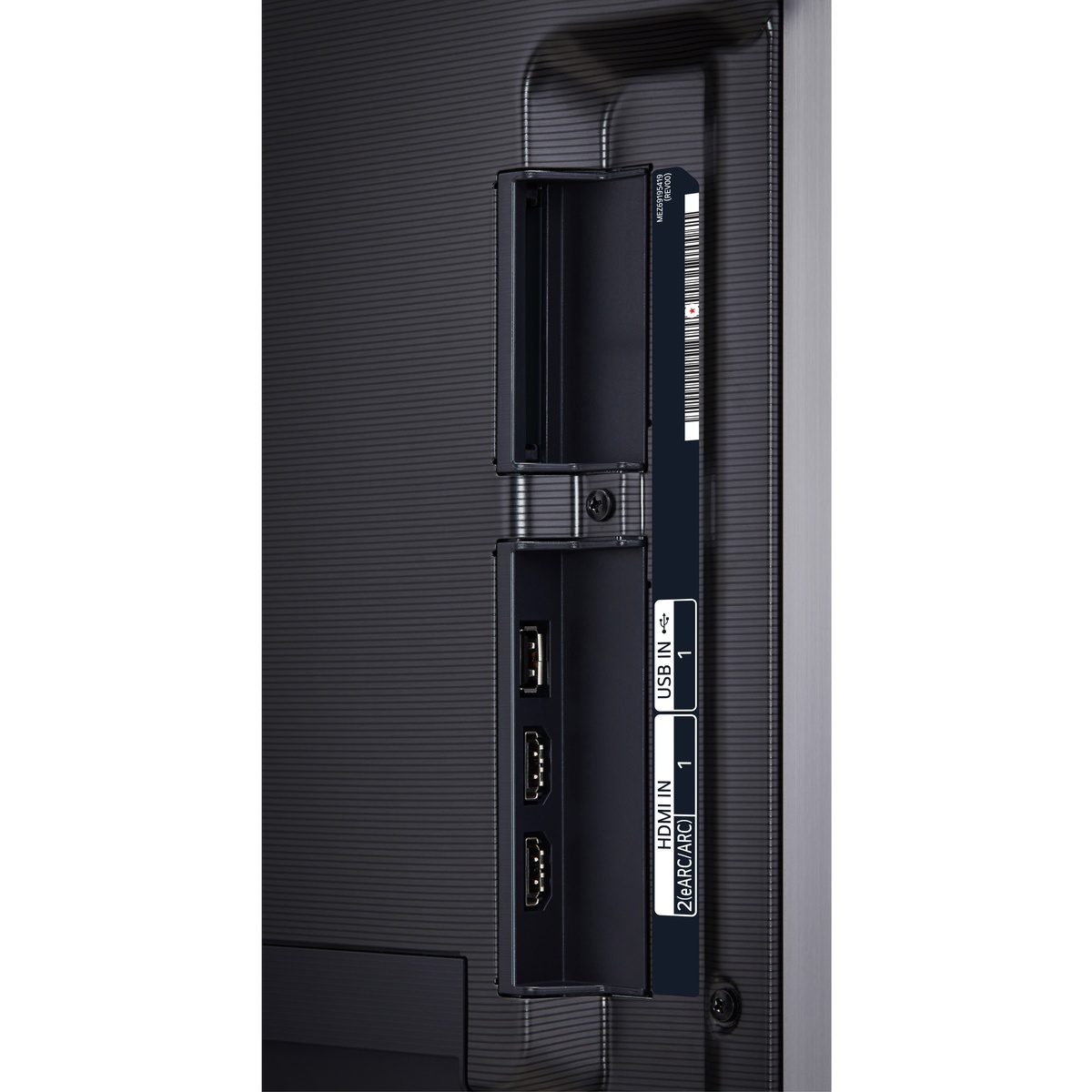 Rear I/O close-up showing HDMI and USB ports on LG OLED TV