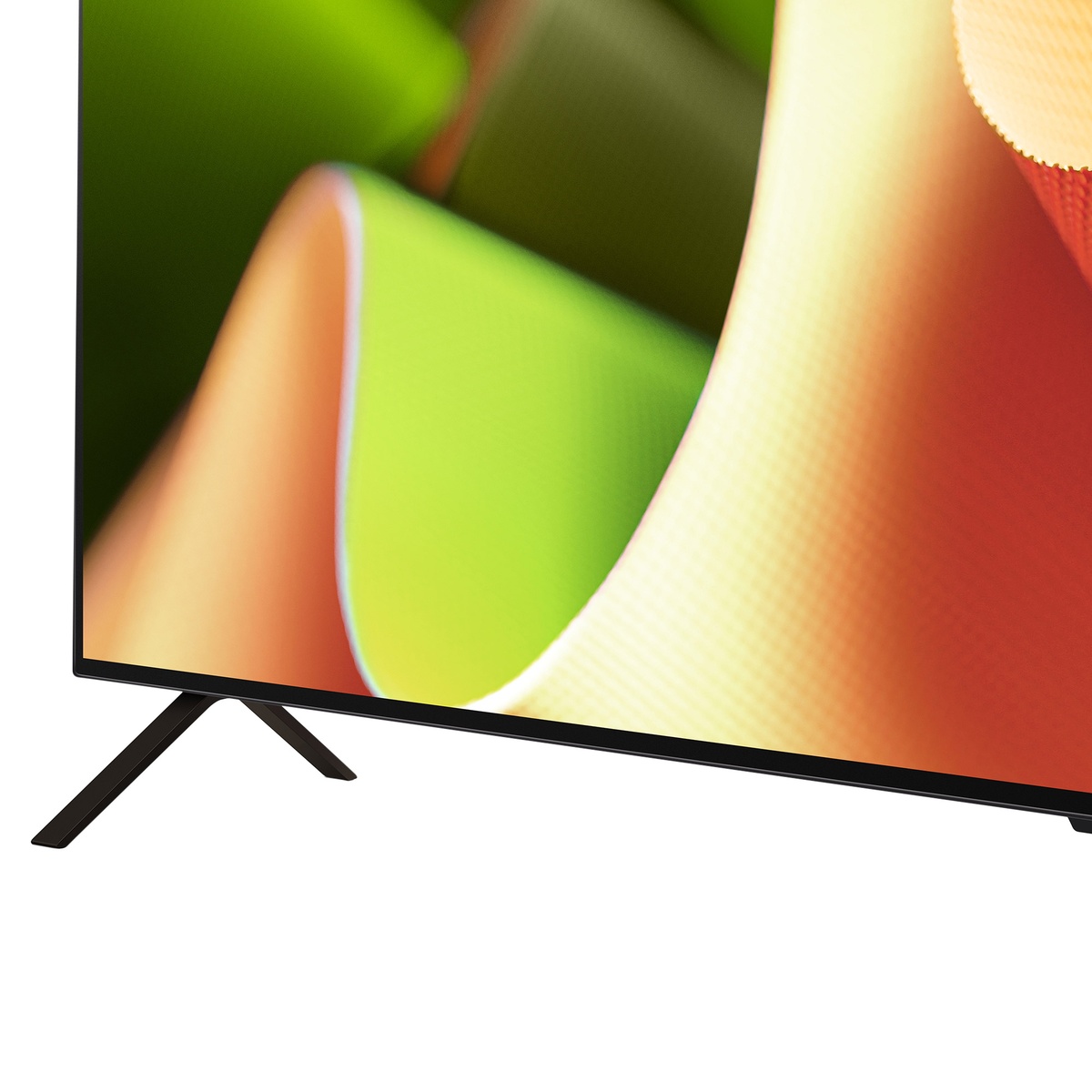 Close-up of LG OLED TV corner and sturdy stand feet