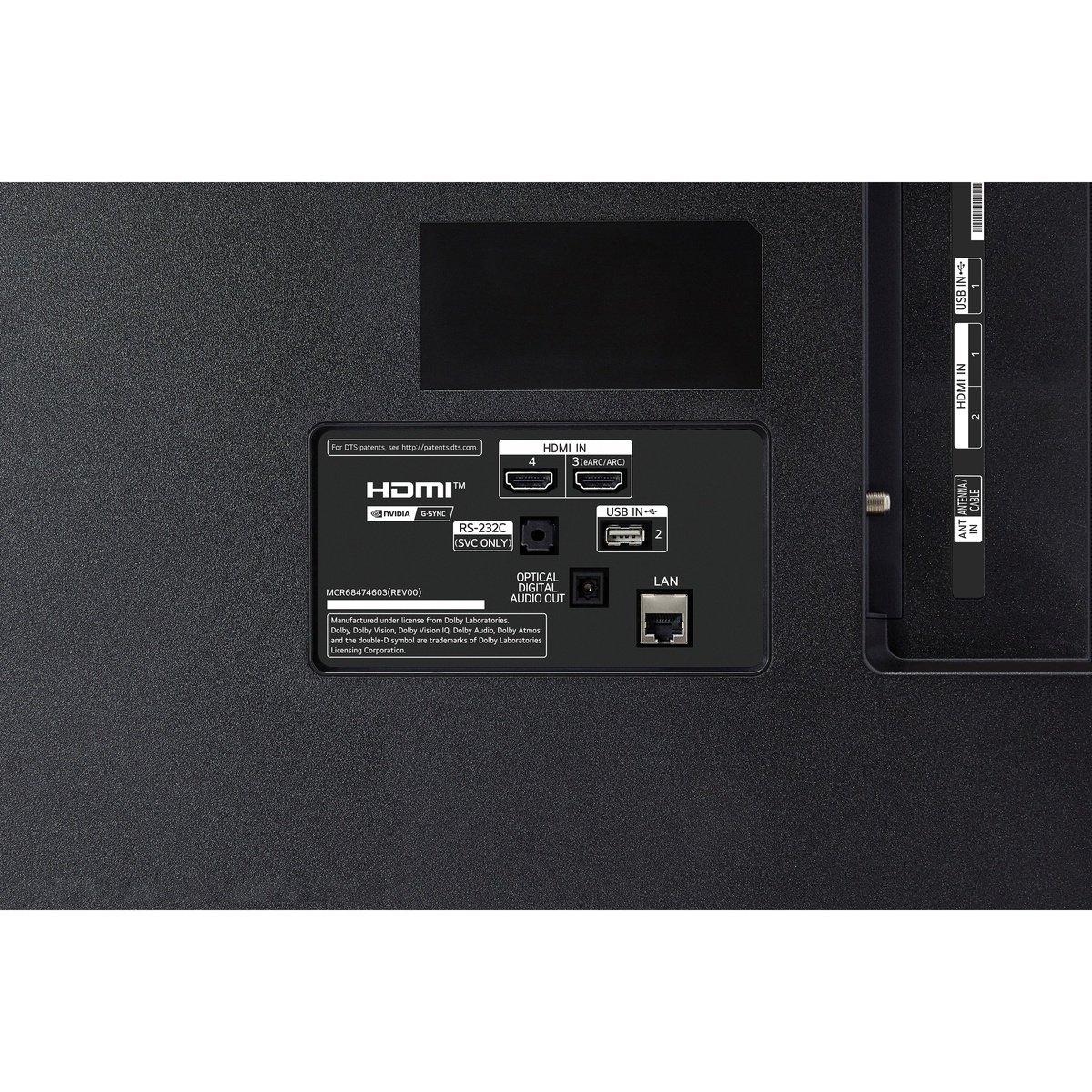 Rear I/O panel showing HDMI, USB, optical audio, and LAN ports on LG OLED TV