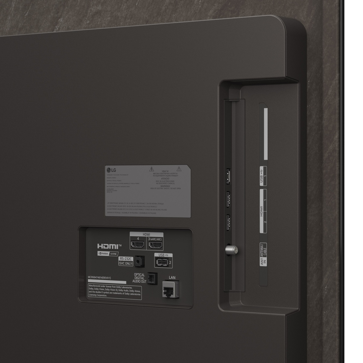 Rear input panel of LG OLED TV showing HDMI, USB, LAN and optical ports