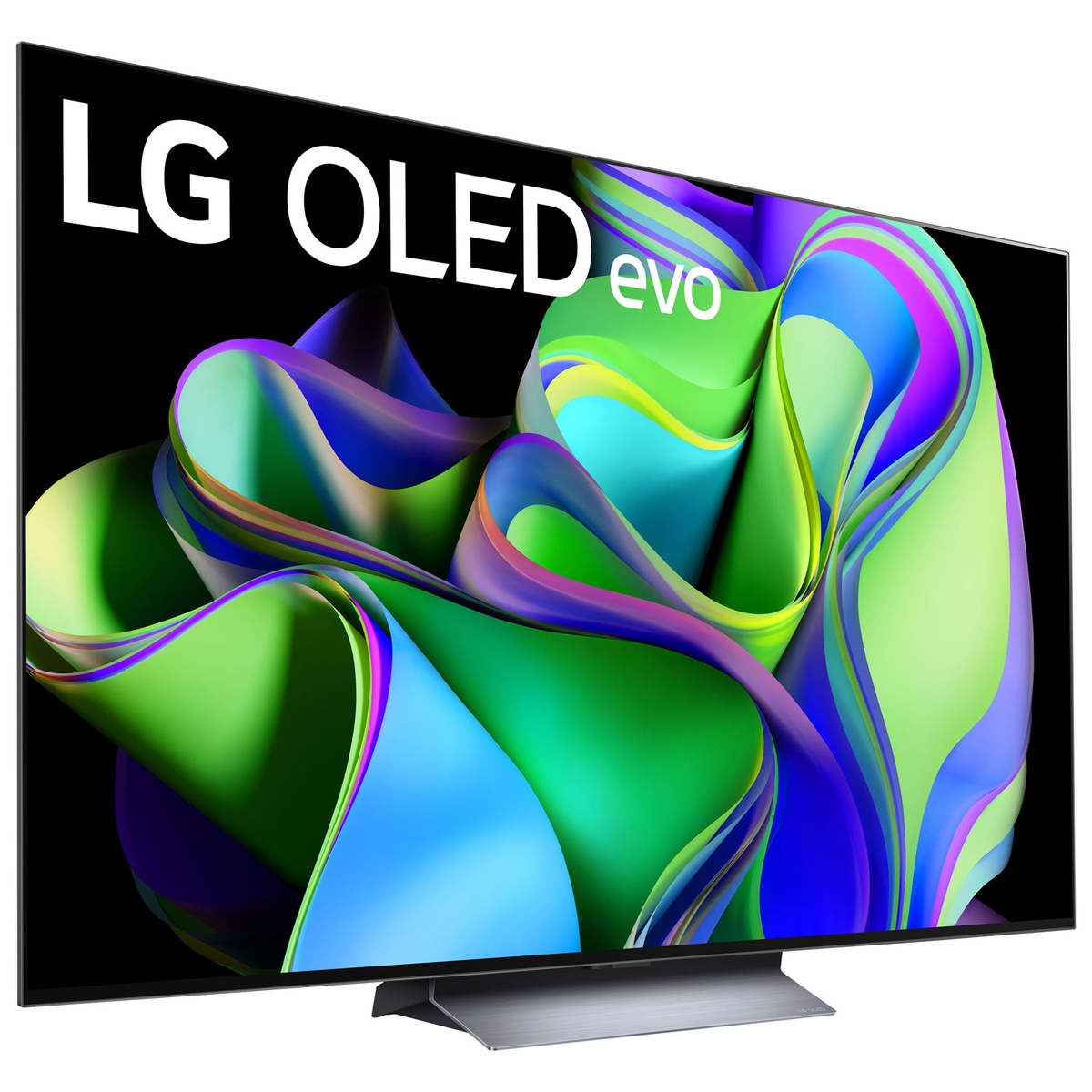 LG C3 OLED evo TV angled view featuring vibrant on-screen colours