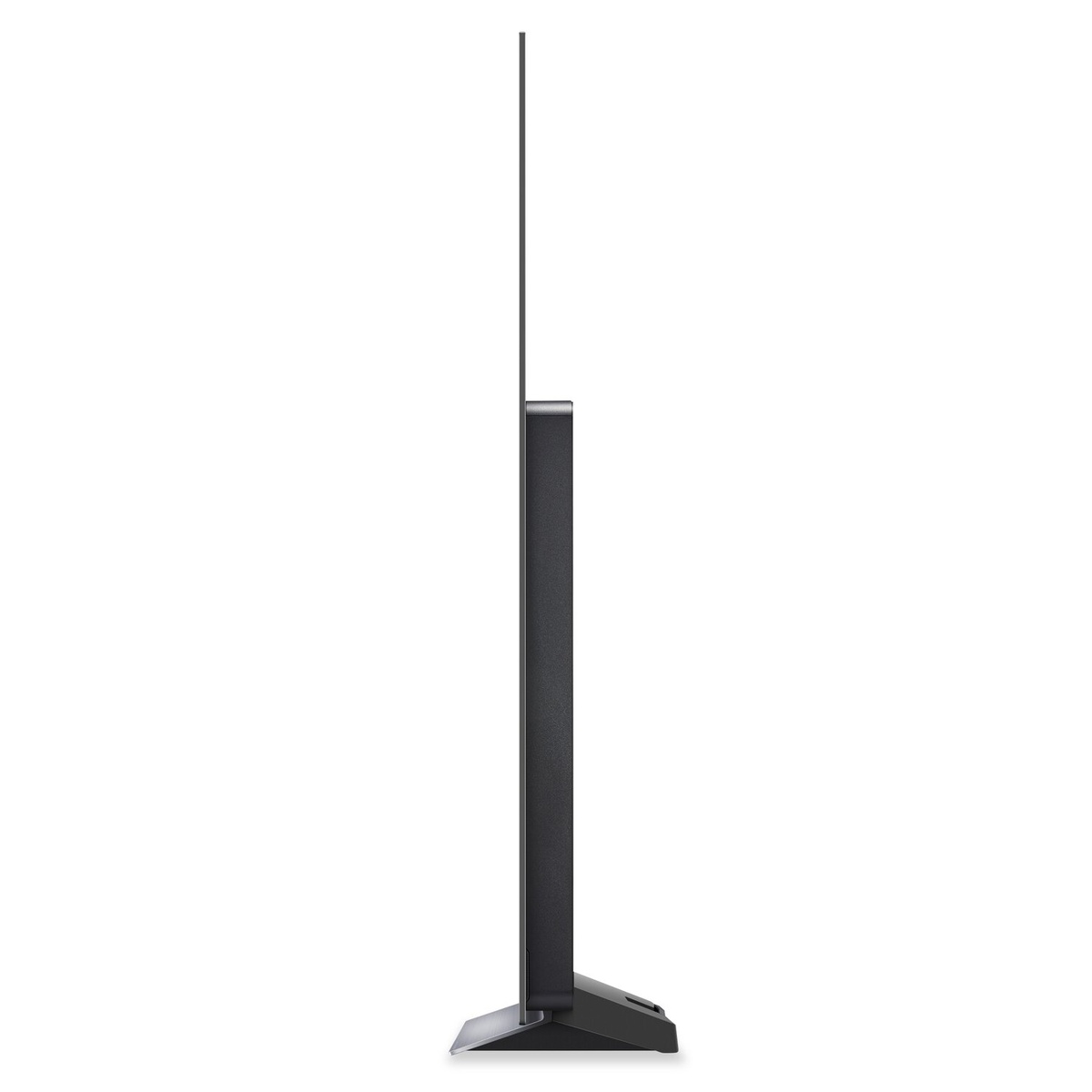 Side profile showing the ultra-slim design of the TV on its stand