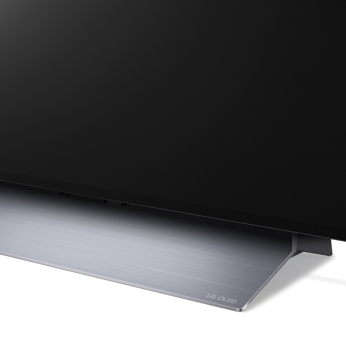 Detail of the TVs refined metal base with LG OLED branding