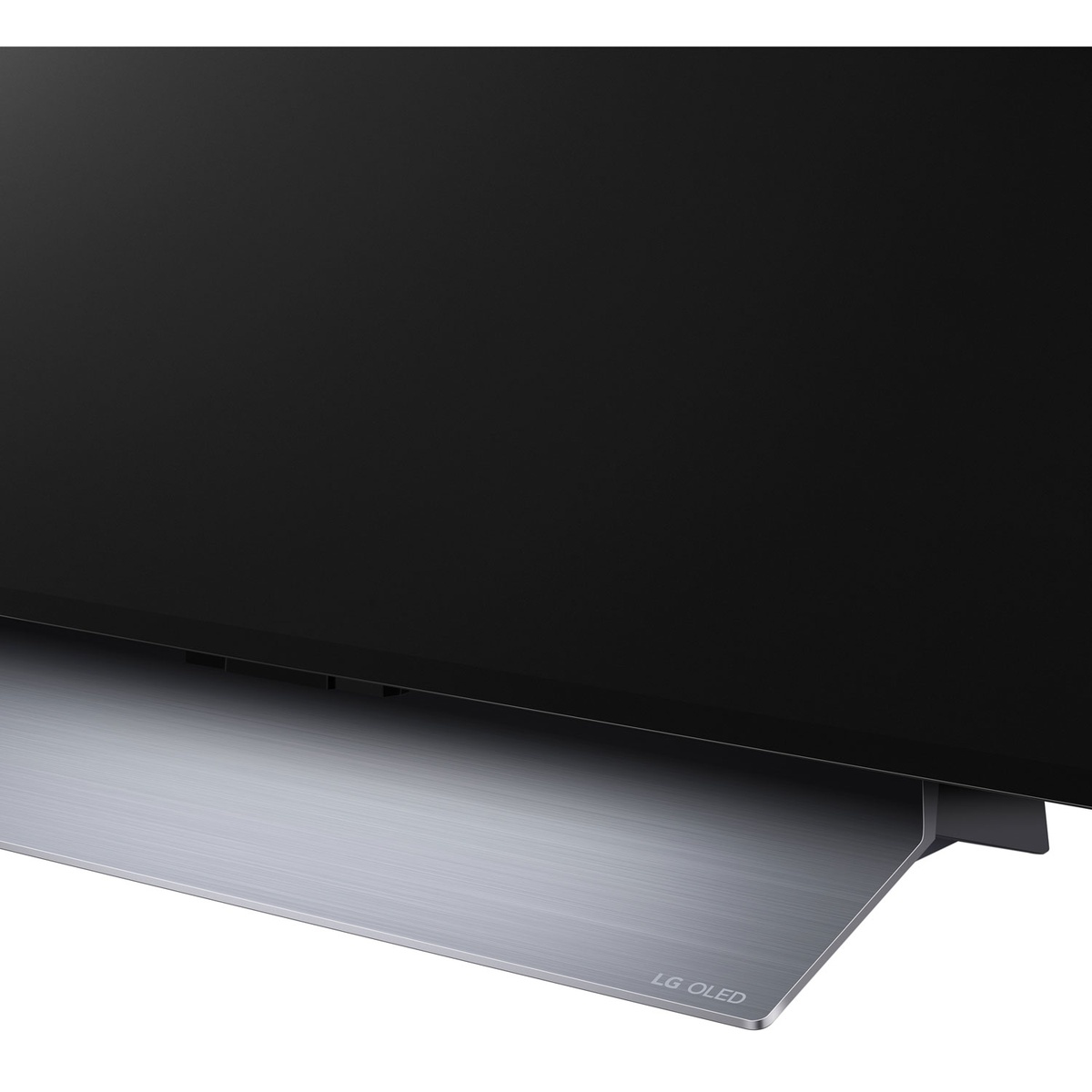 Close-up of the LG C3 OLED TV pedestal stand with brushed metal finish