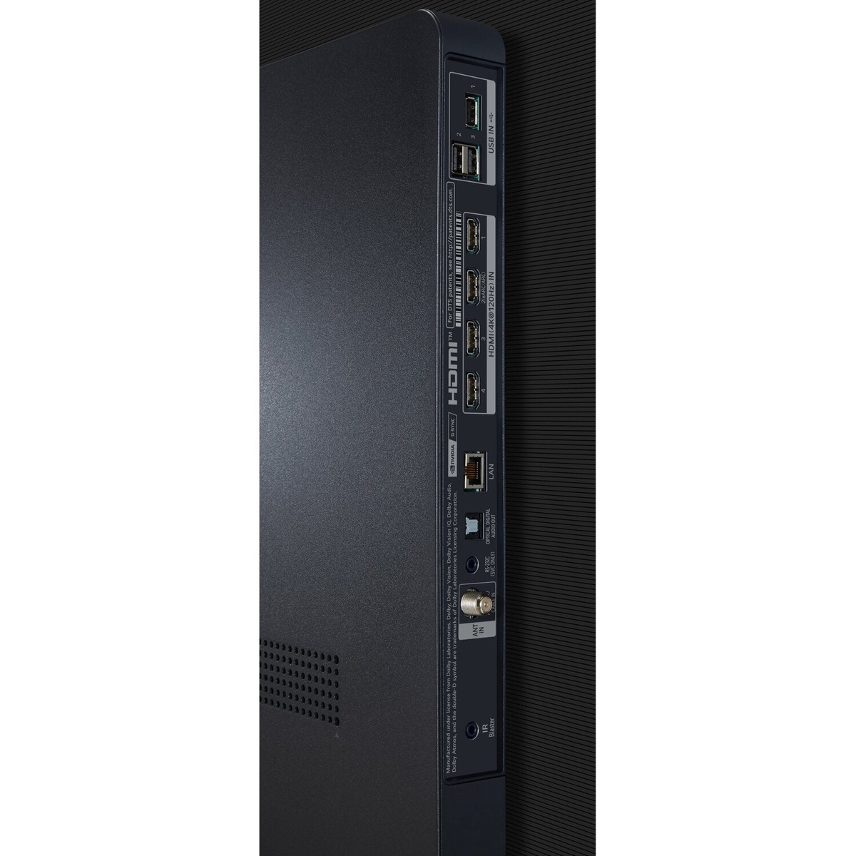 Close-up of the TVs rear input panel with HDMI, USB, Ethernet and antenna ports