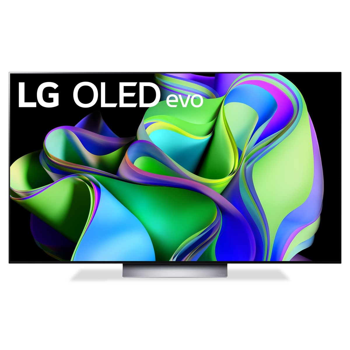 Front view of LG OLED evo TV displaying colorful on-screen art