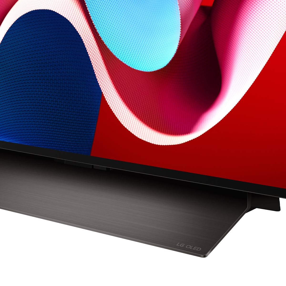 Close-up of the stable central stand of the LG OLED TV.
