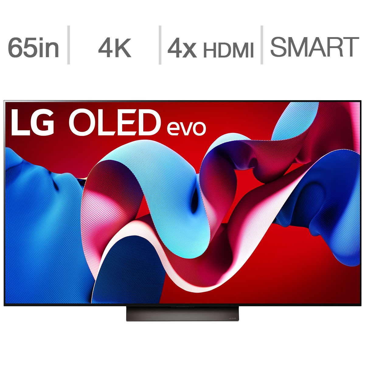 Front view of LG OLED evo C4 65-inch TV displaying vivid colors on screen.