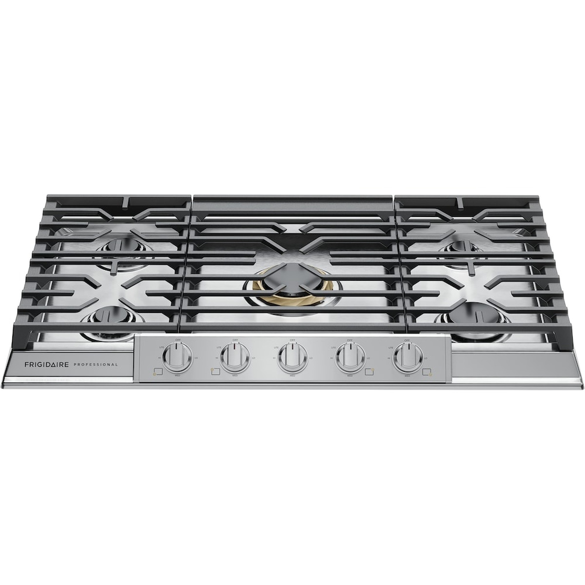 Front view of cooktop showing five knobs with subtle backlighting and sturdy grates.