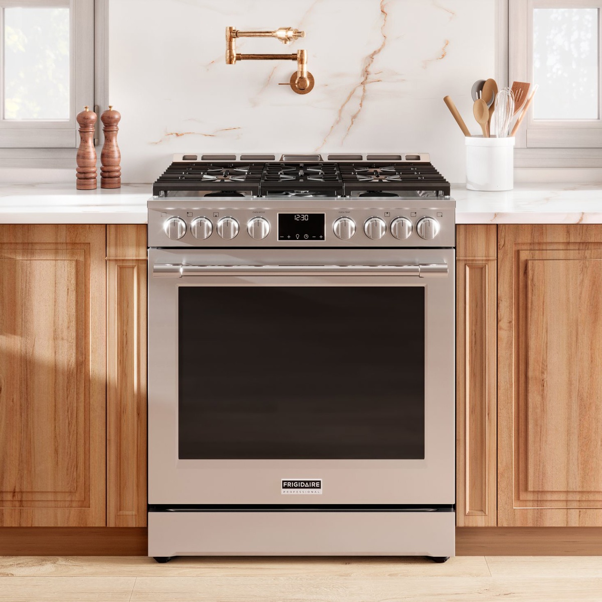 Frigidaire Professional gas range installed in a modern kitchen