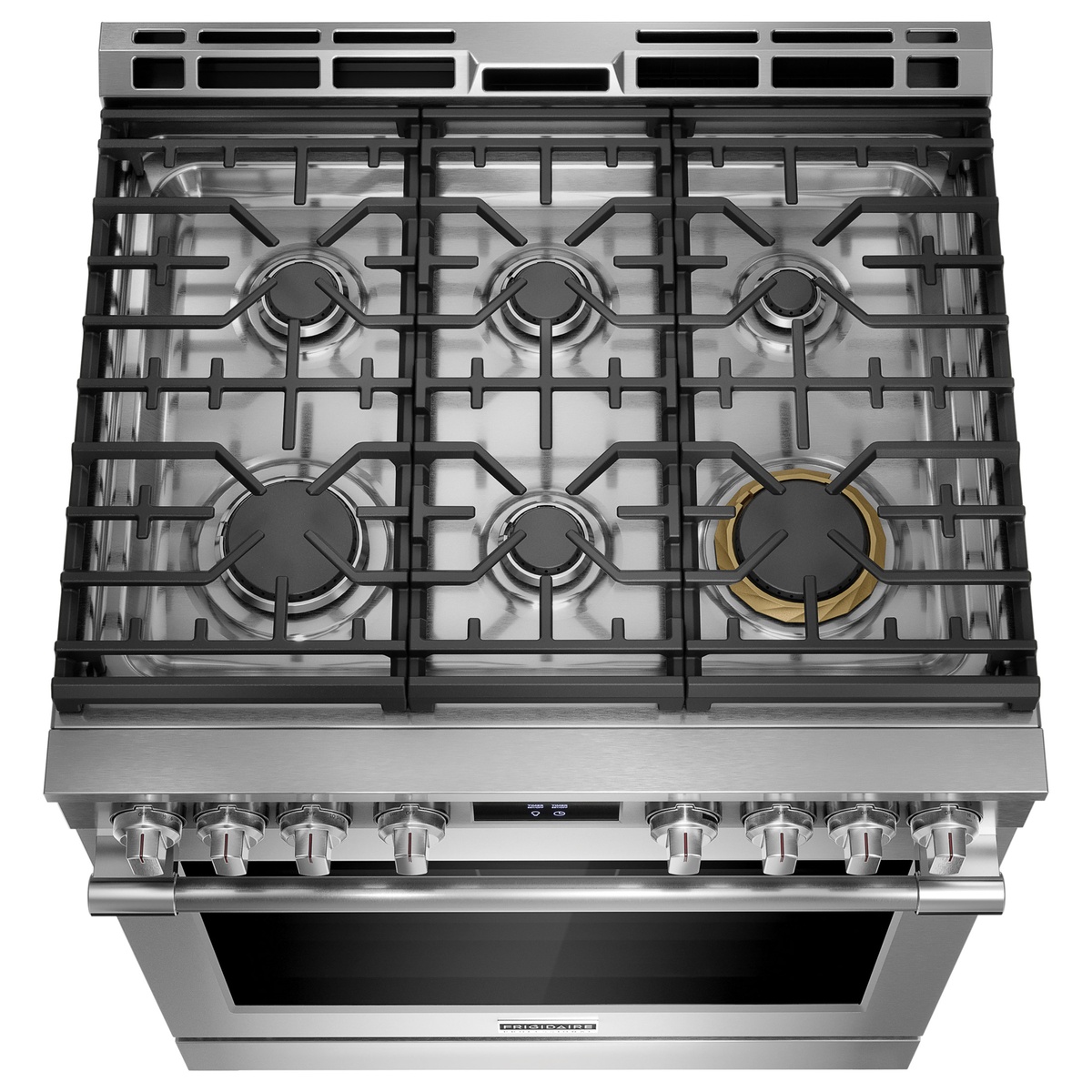 Top view of six-burner cooktop with continuous grates and 18,000 BTU power burner