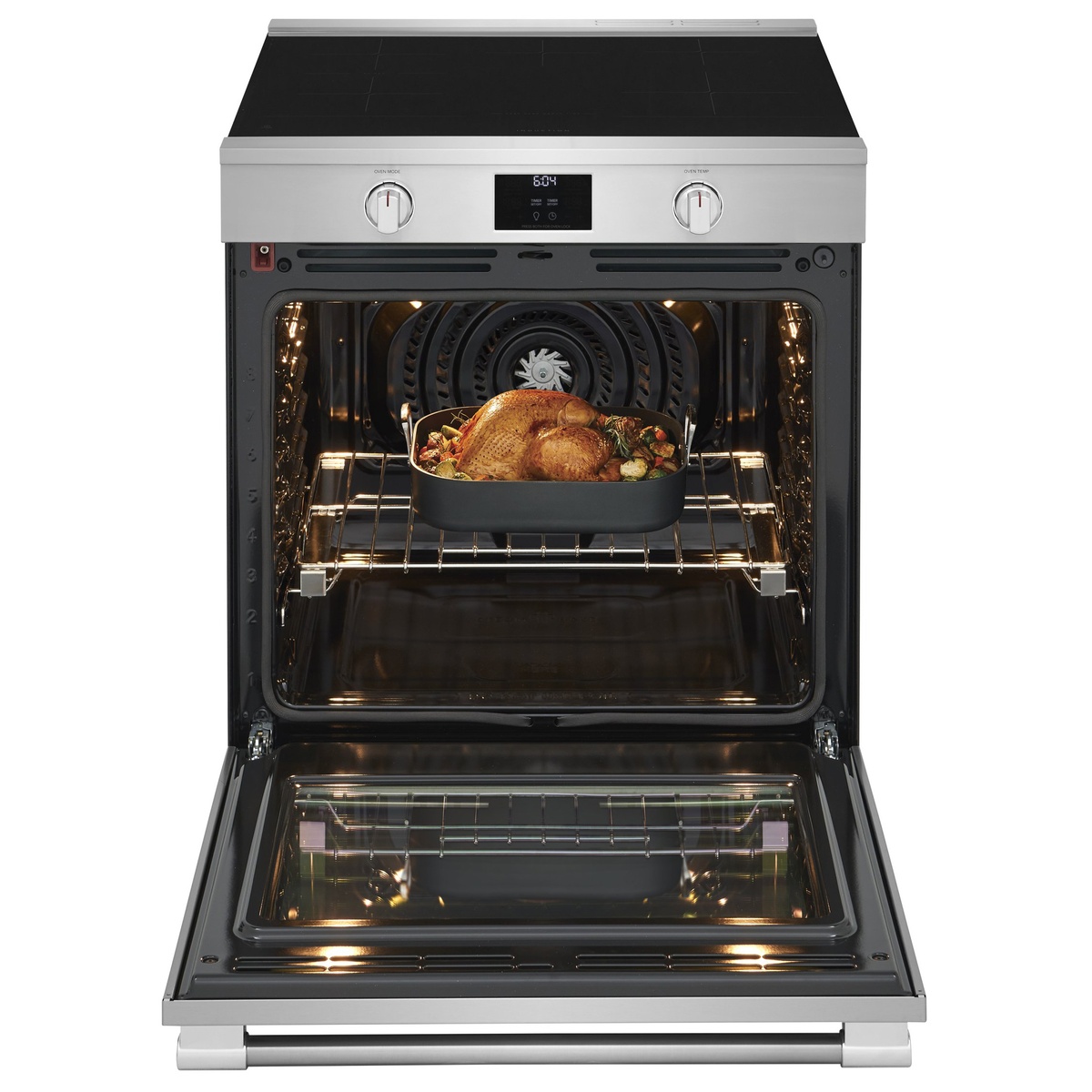 Roast turkey cooking with convection fan visible in spacious oven