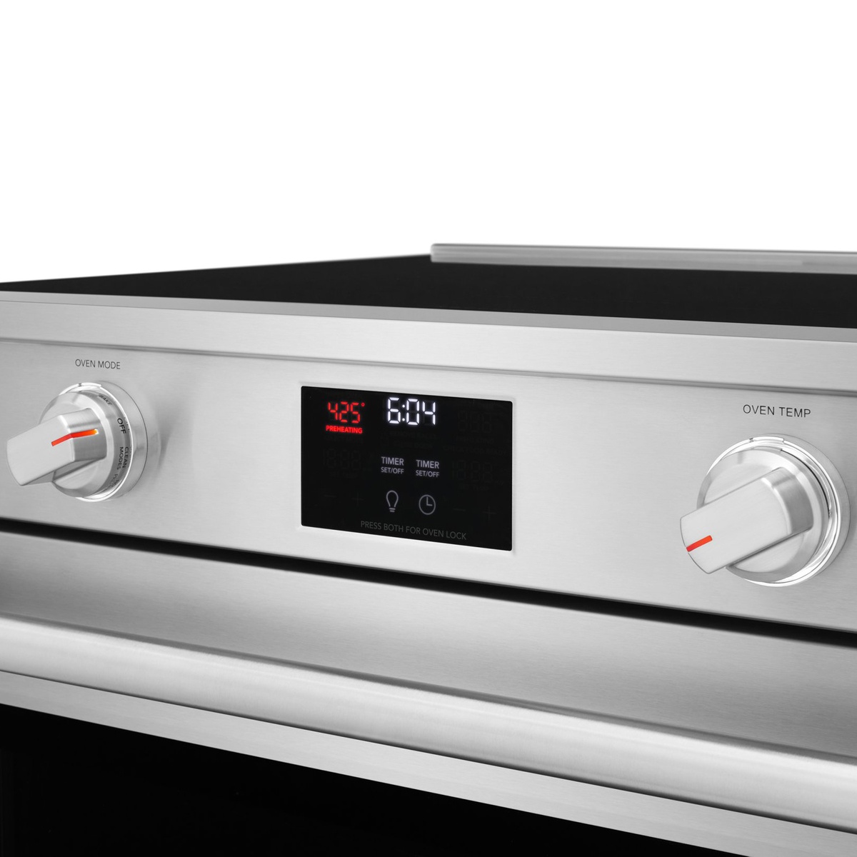 Backlit LED knobs and central display on stainless control panel